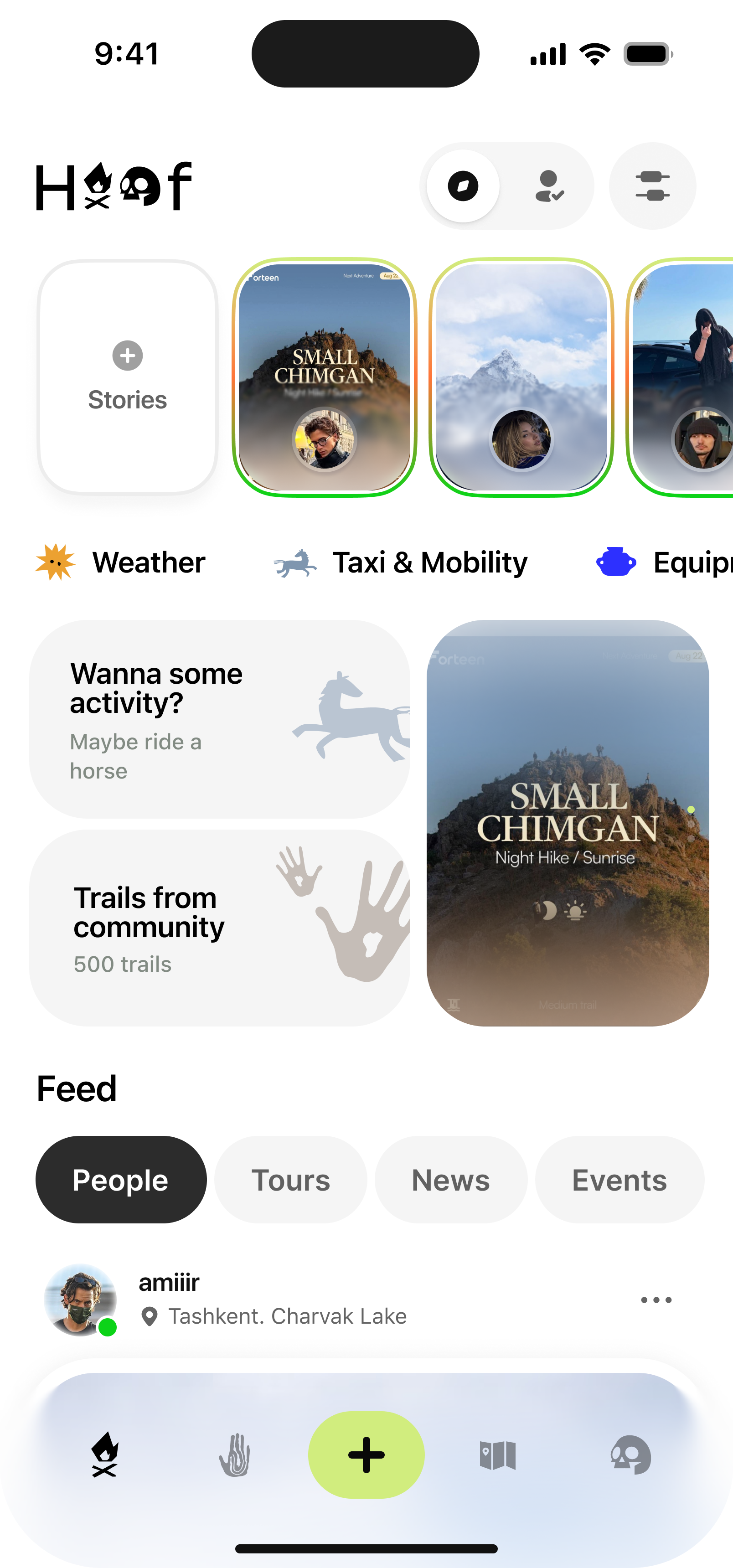 HOOF home with places, stories and activity feed